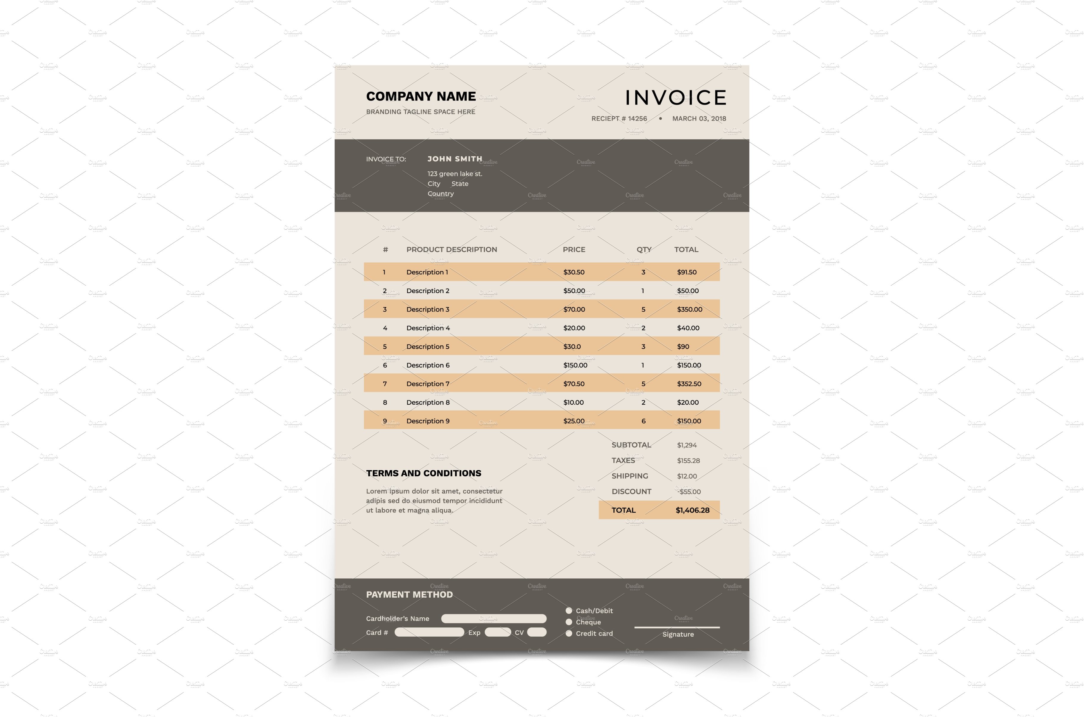 Invoice template. Bill form with cover image.