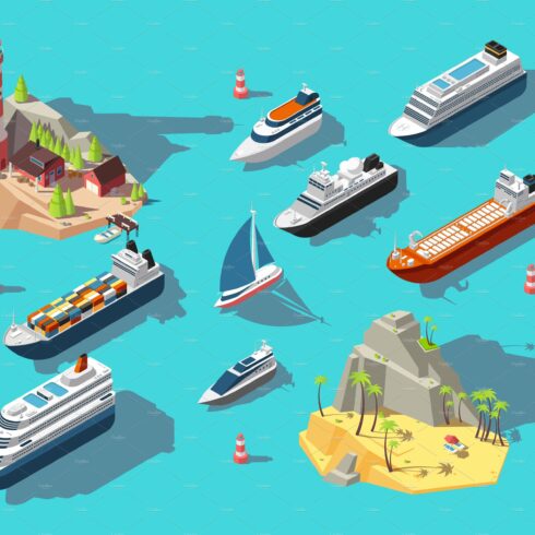 Isometric ships. Boats and sailing cover image.