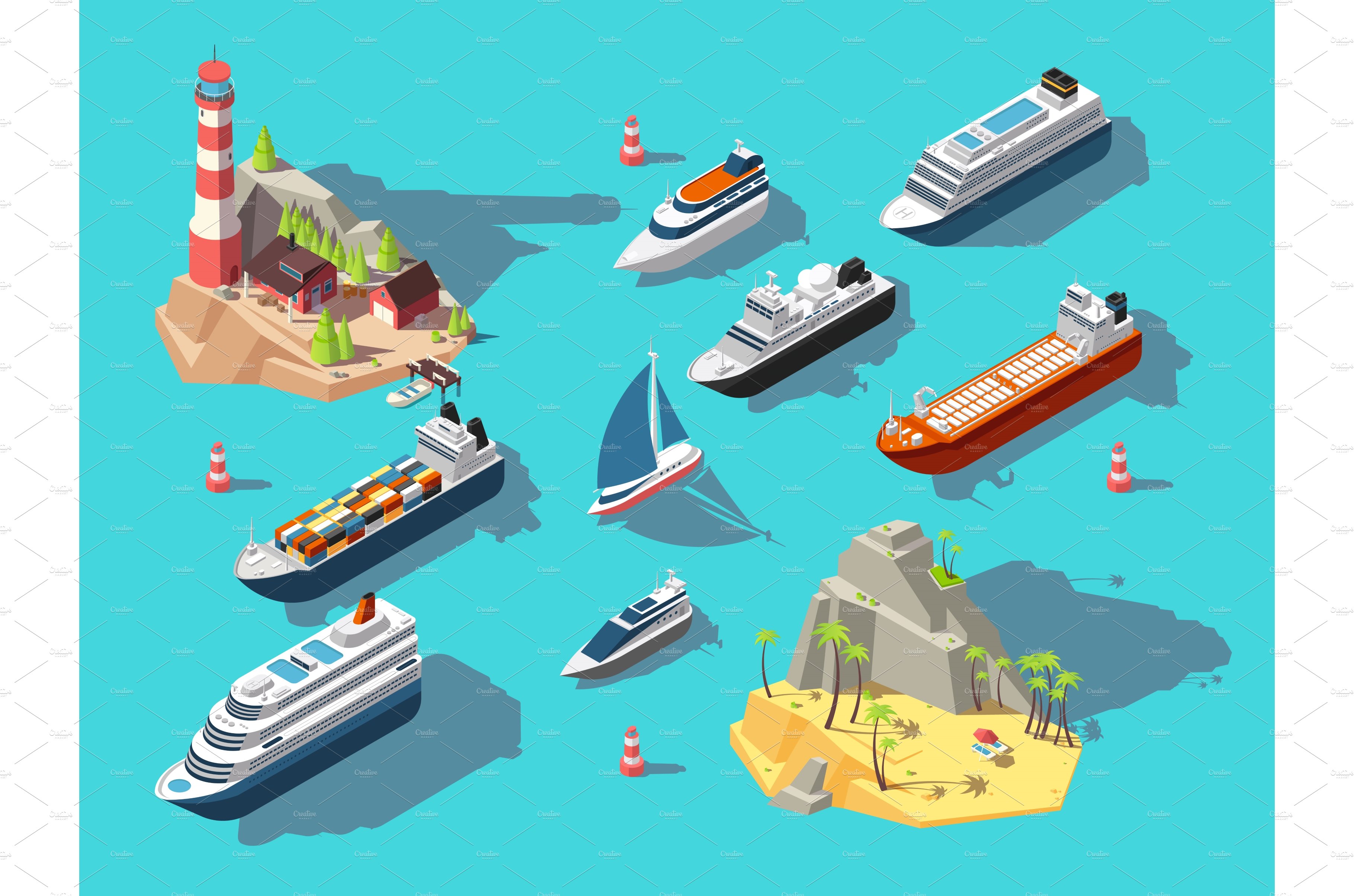 Isometric ships. Boats and sailing cover image.