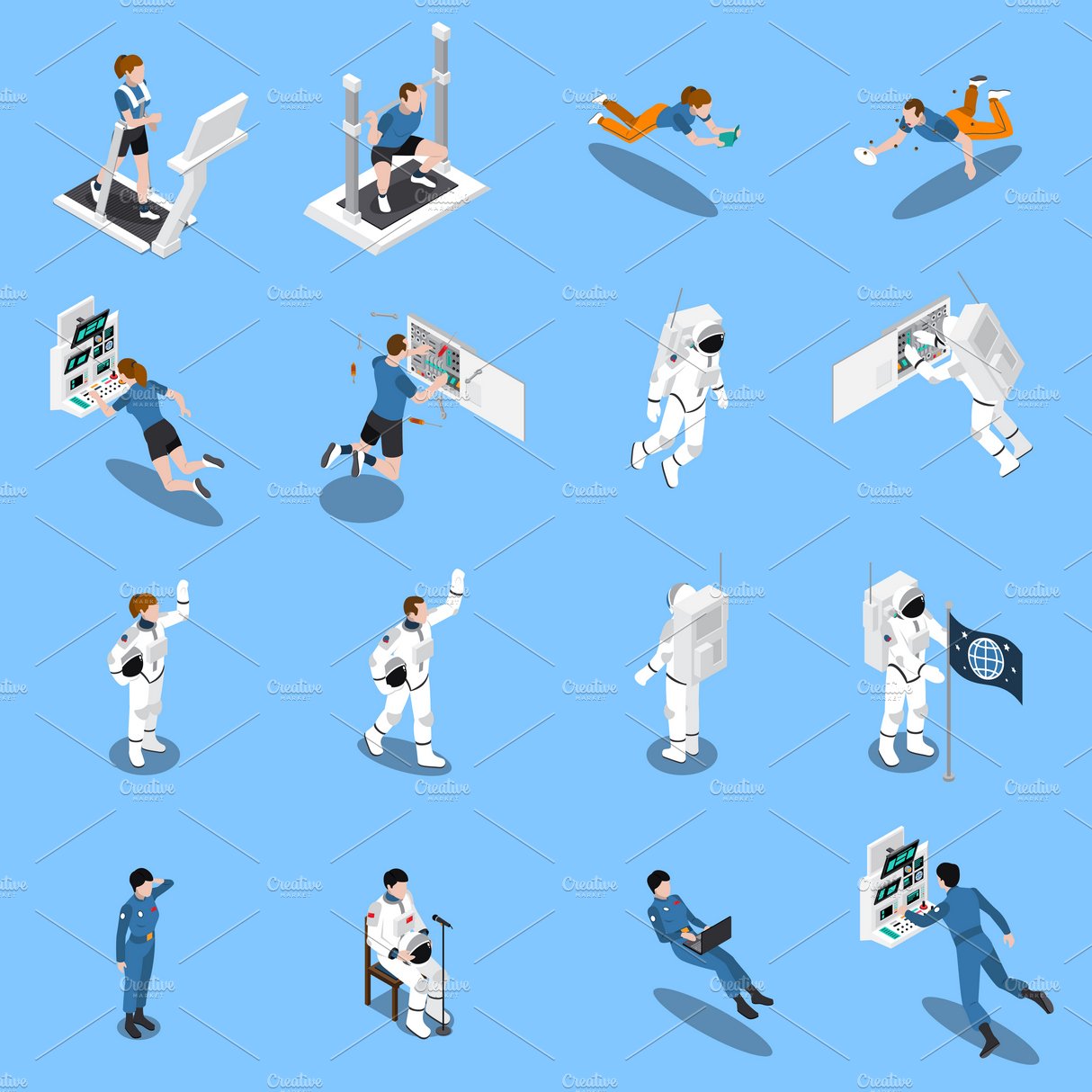 Astronaut isometric icons set cover image.