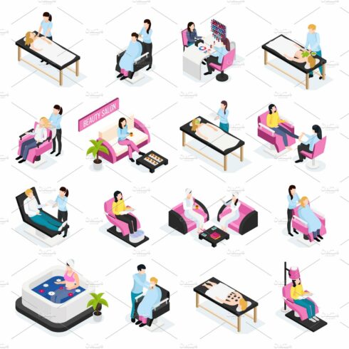 Beauty salon isometric icons set cover image.