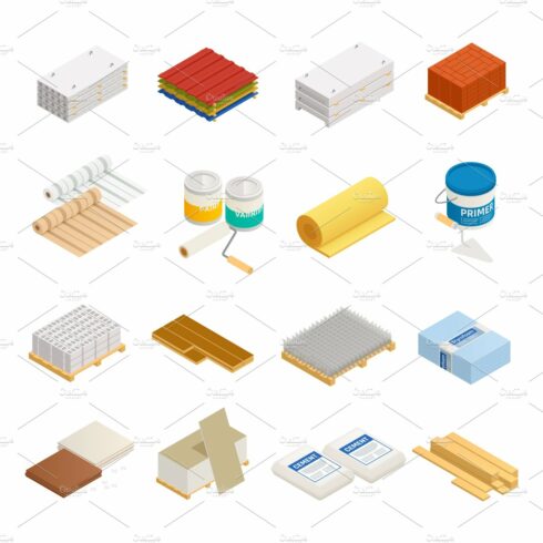 Construction materials icons set cover image.