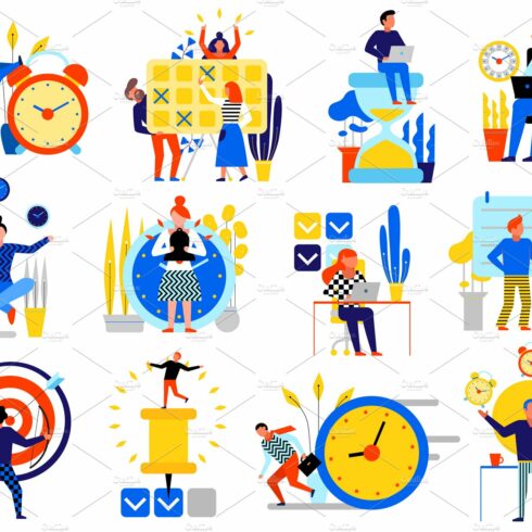 Time management icons set cover image.
