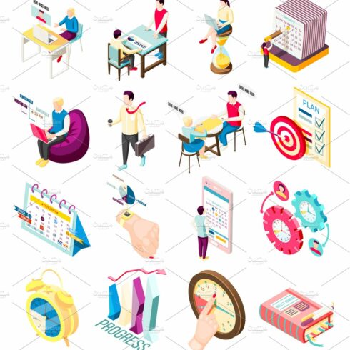 Management isometric icons cover image.