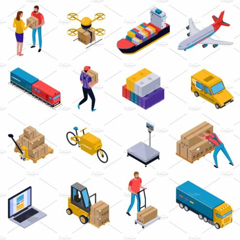Isometric delivery icons set cover image.