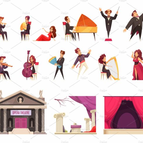 Opera theater cartoon elements set cover image.