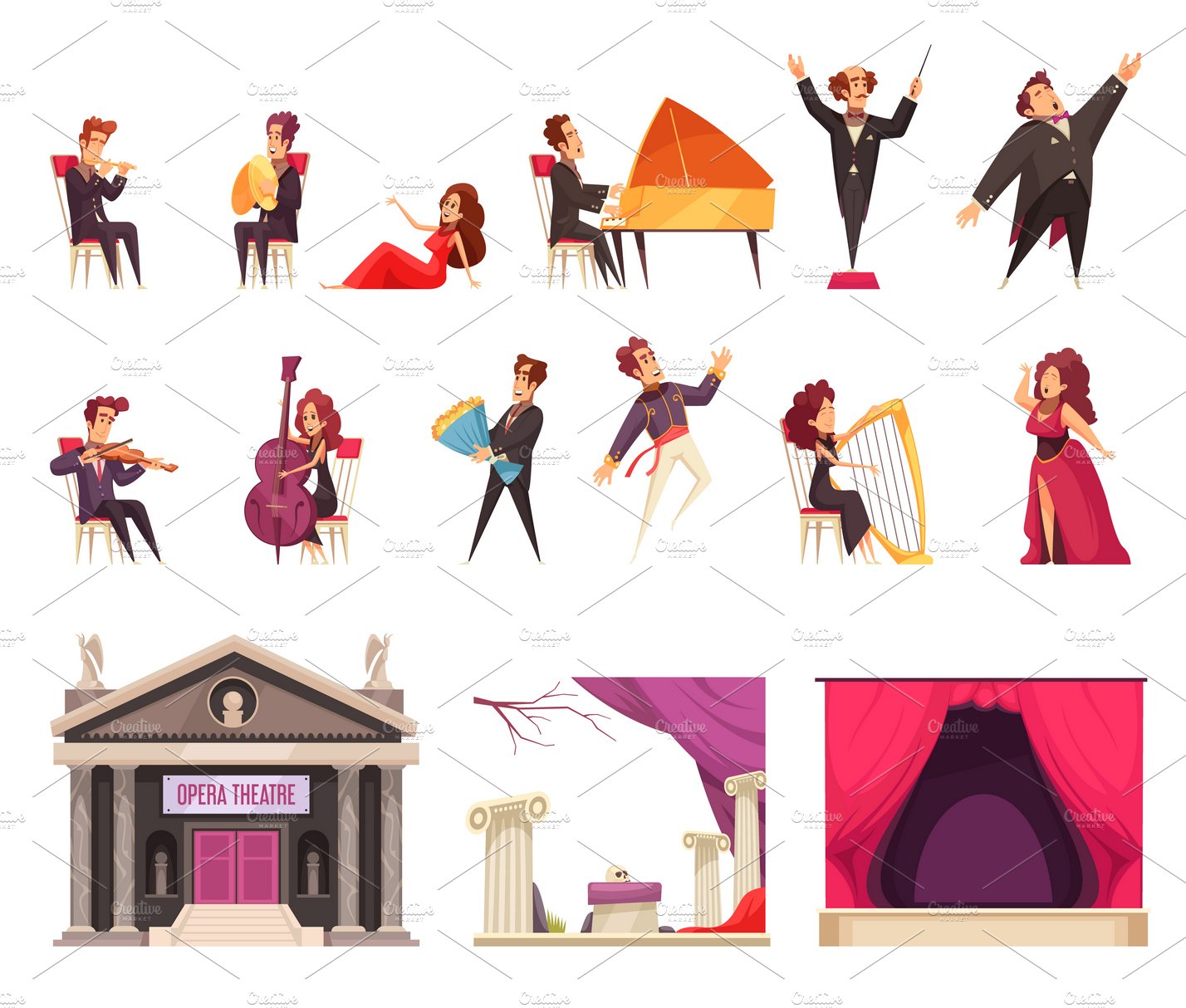 Opera theater cartoon elements set cover image.