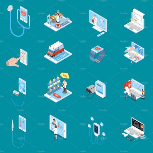 Digital mobile health isometric icon cover image.