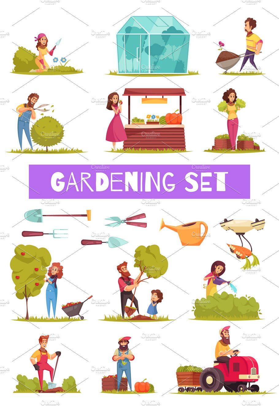 Gardening cartoon icons set cover image.