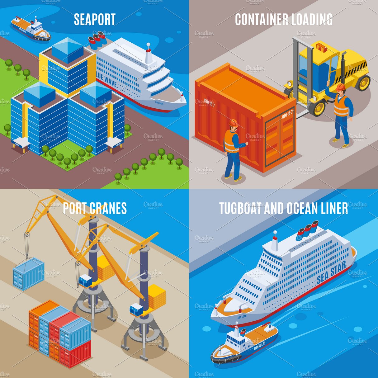 Seaport isometric icon set cover image.