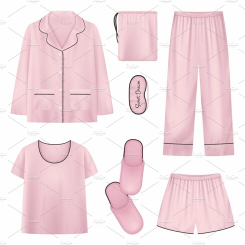 Pink realistic sleepwear icon set cover image.