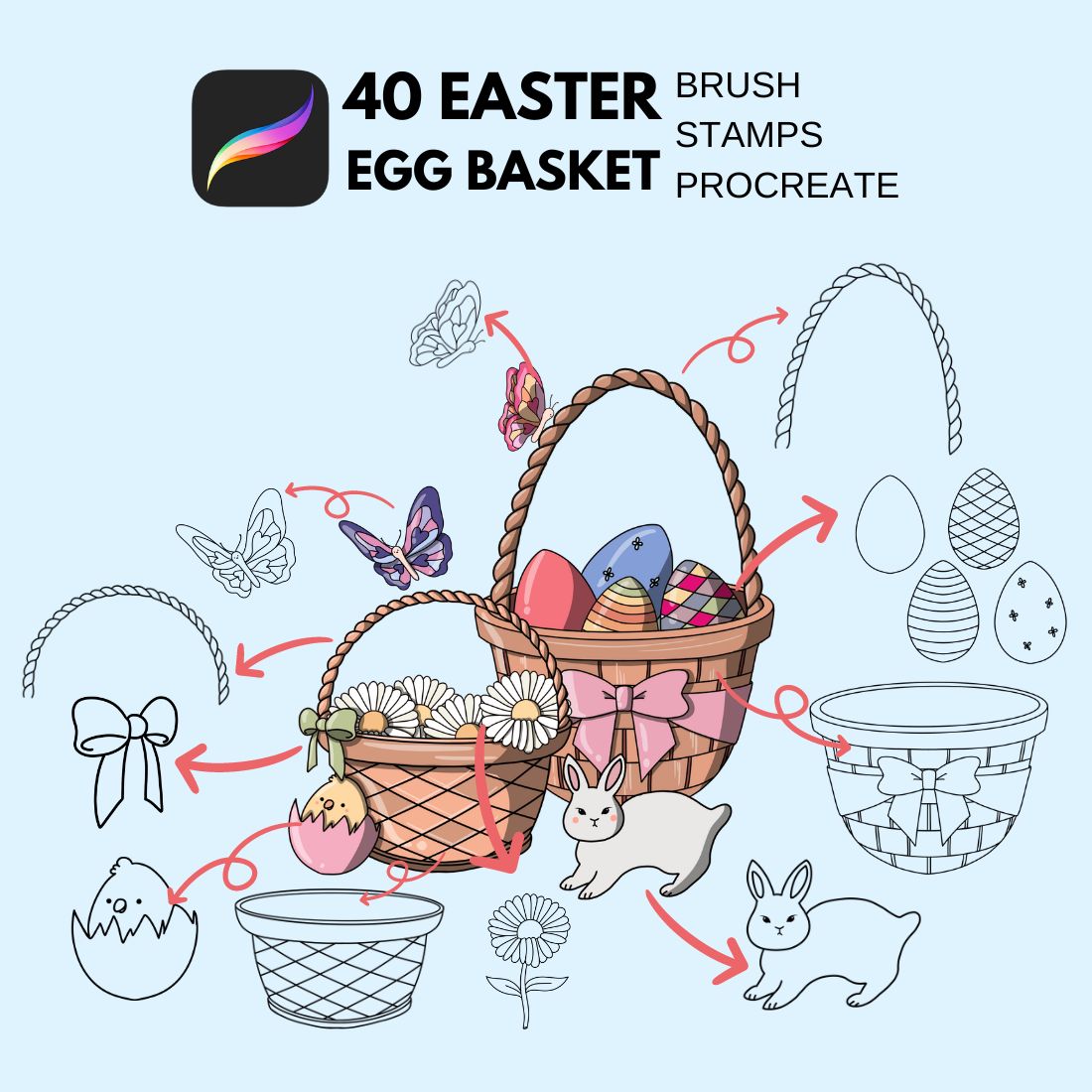 40 Easter Egg Basket - Brush Stamps procreate preview image.