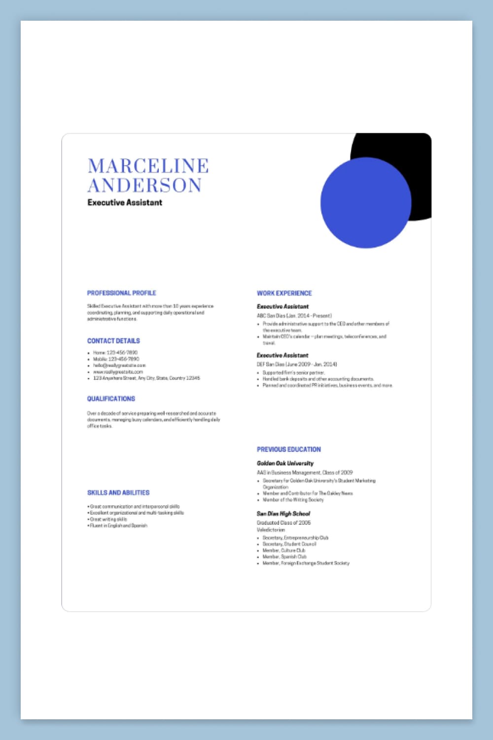Minimalist two-column resume with black and blue elements.