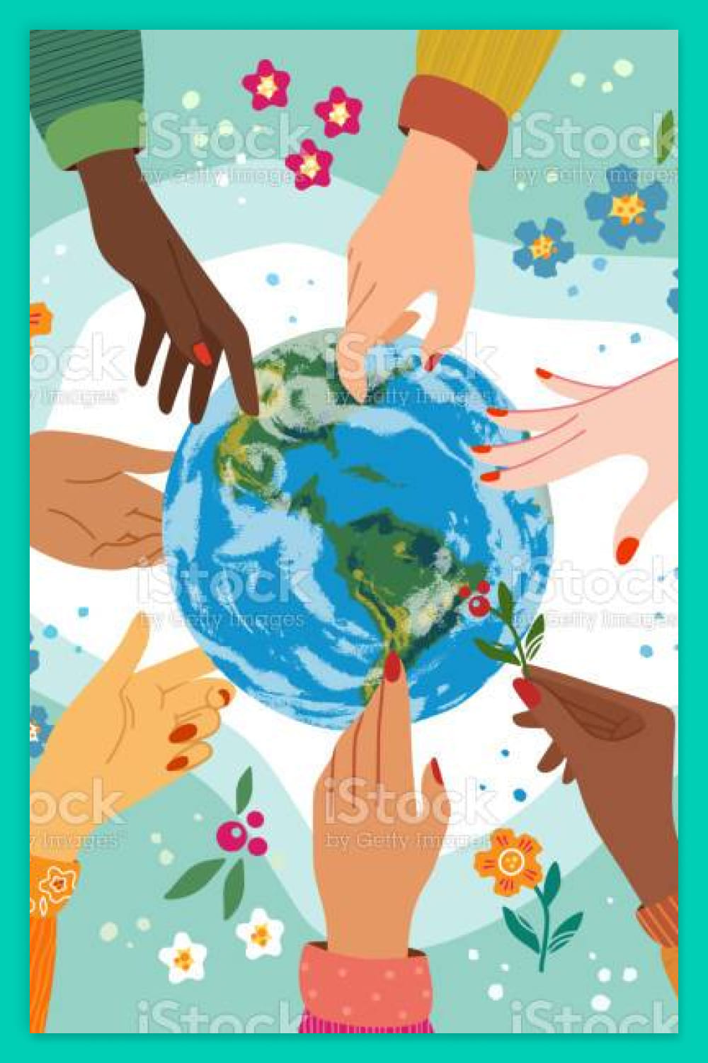 Hands of people of different nationalities reaching out to the Earth.