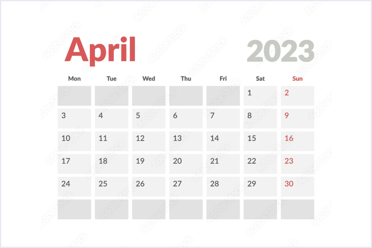 April 2023 calendar With a minimalist design and red accents.