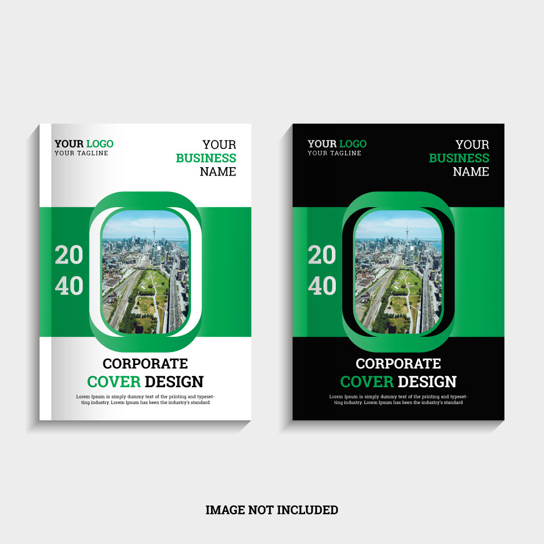 Green and black brochure with a picture of a city.