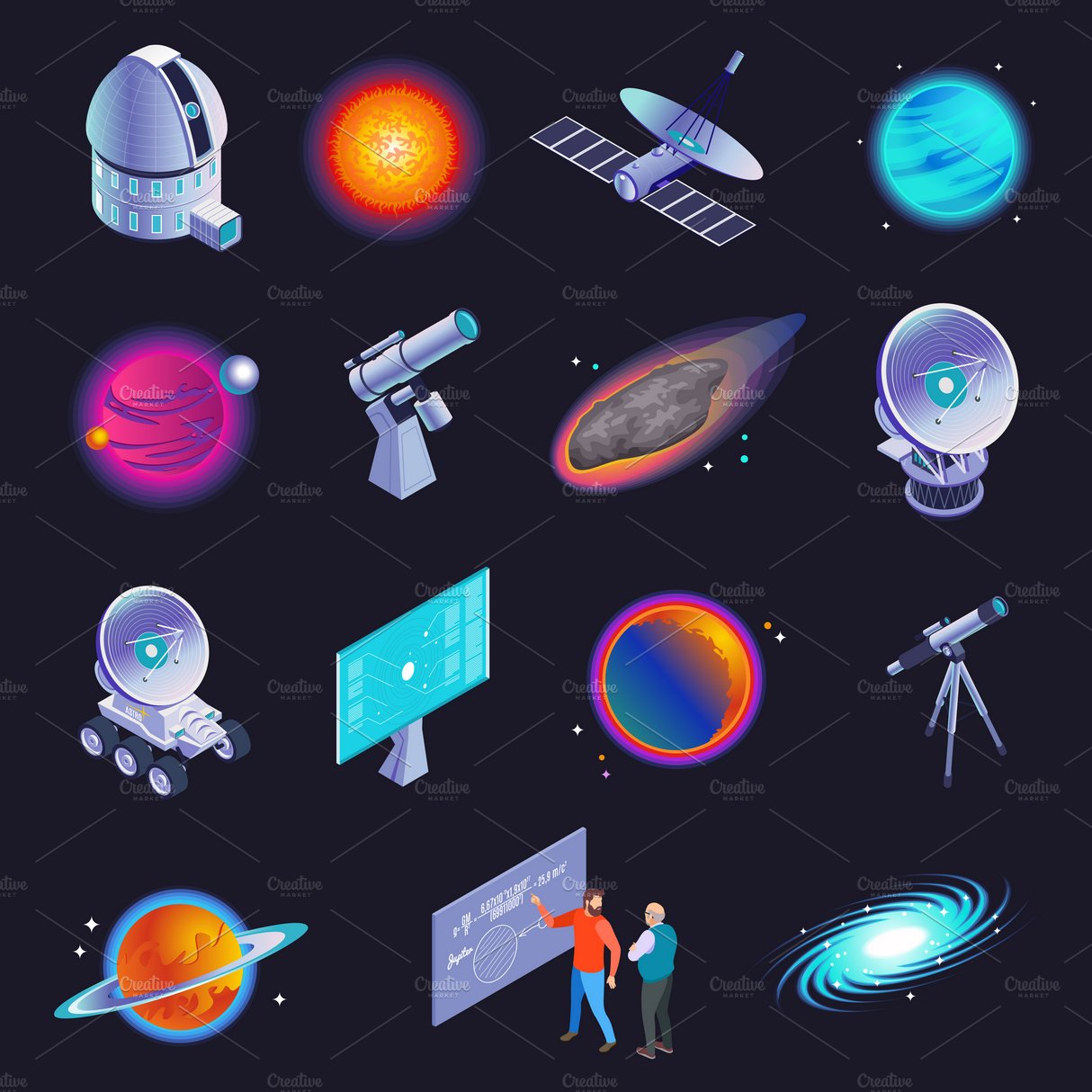 Astrophysics isometric icons cover image.