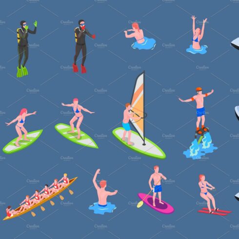 Water sports isometric icon set cover image.