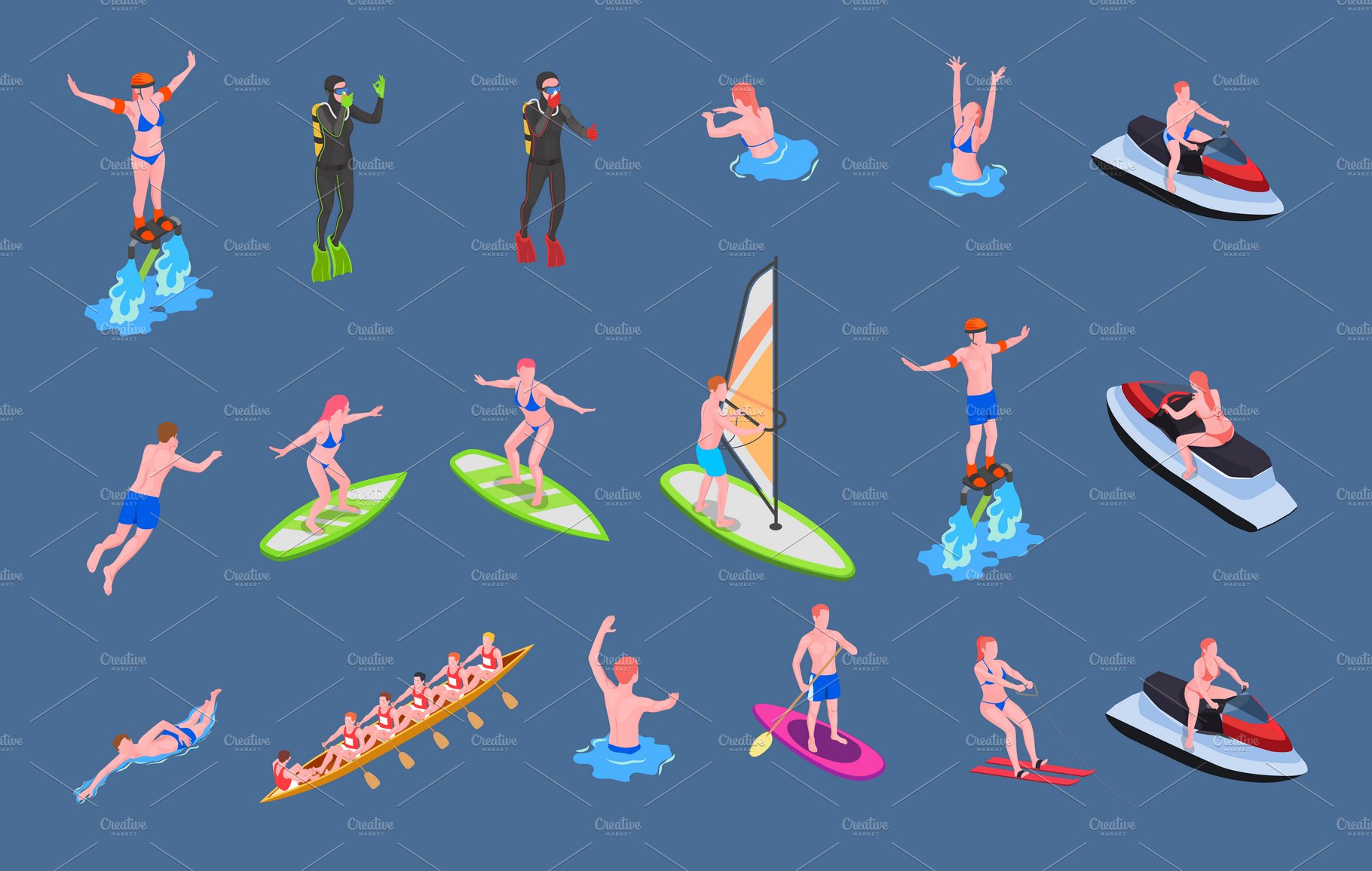 Water sports isometric icon set cover image.