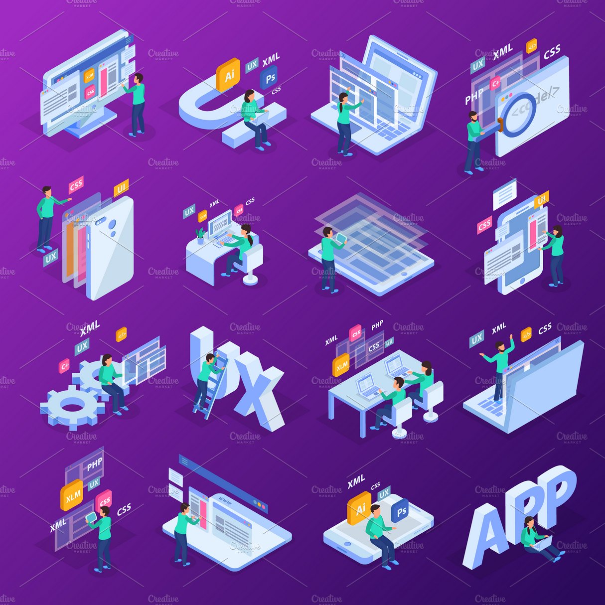 Web development isometric icon set cover image.