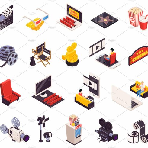 Isometric cinema icons collection cover image.