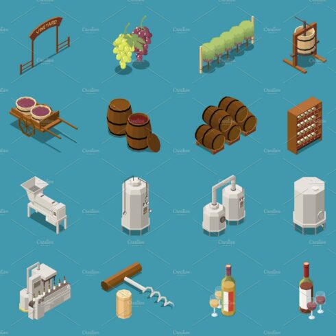Wine production isometric icons set cover image.