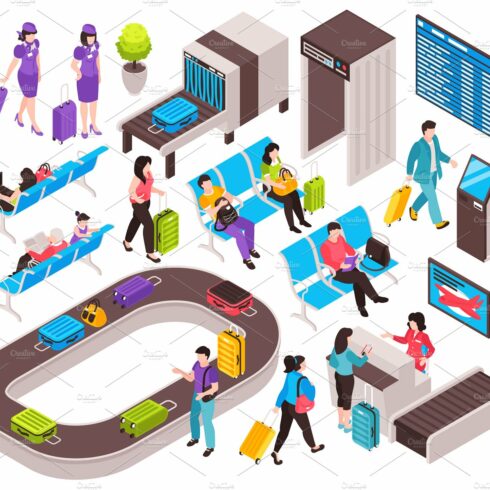 Isometric airport elements set cover image.