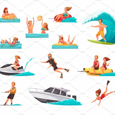 Summer sports cartoon icons set cover image.