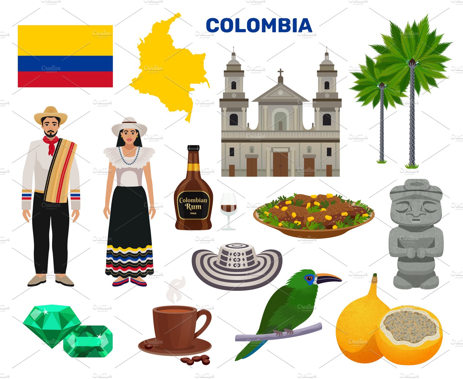 Colombia tourism icons set cover image.