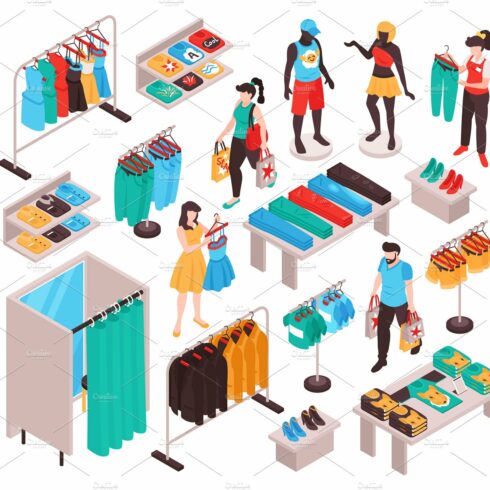 Clothing store isometric elements cover image.