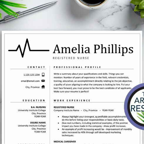 Professional resume with a green plant and a cup of coffee.