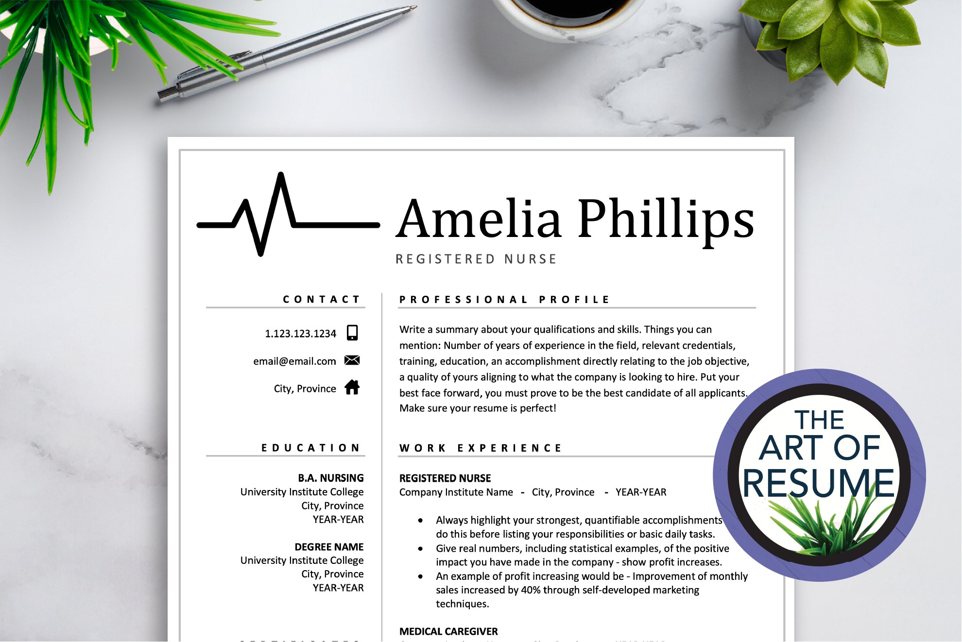 Professional resume with a green plant and a cup of coffee.