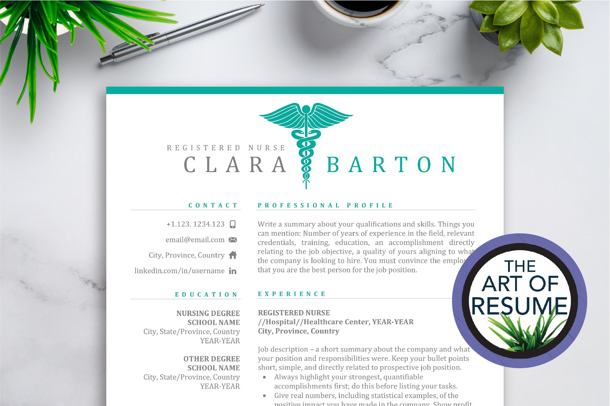 Professional resume with a green medical symbol.