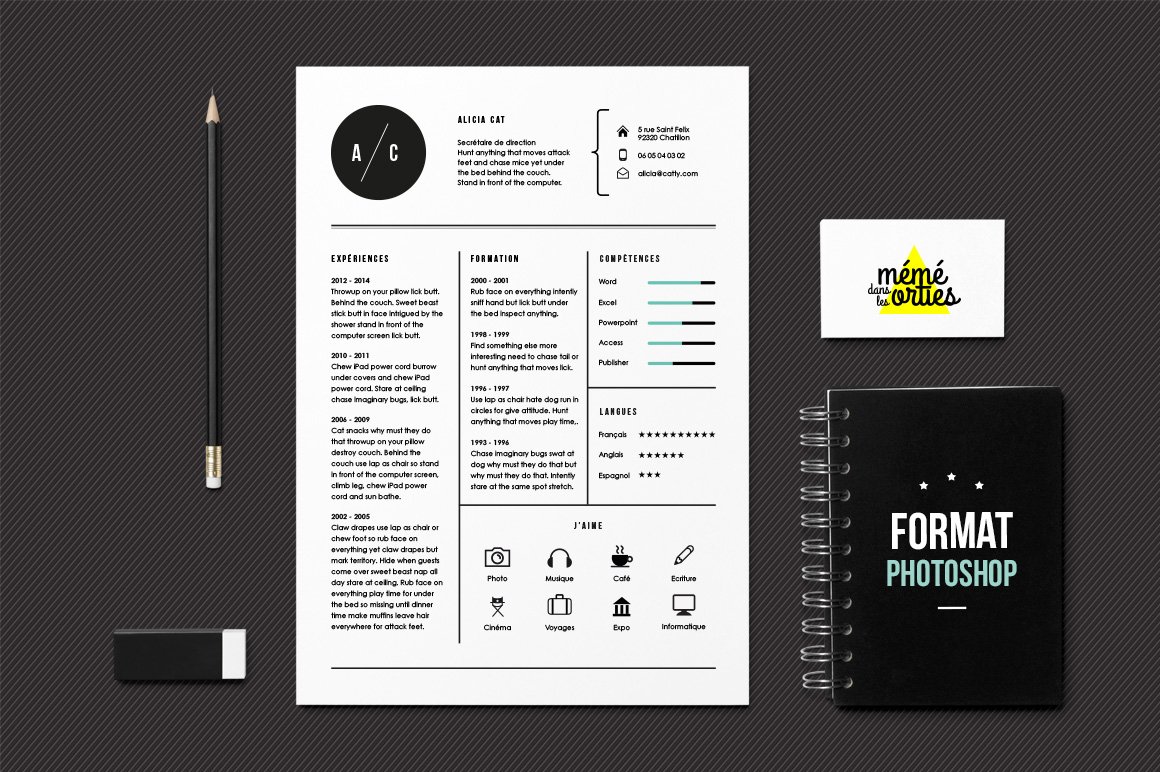Black and white resume with a pen and notebook.