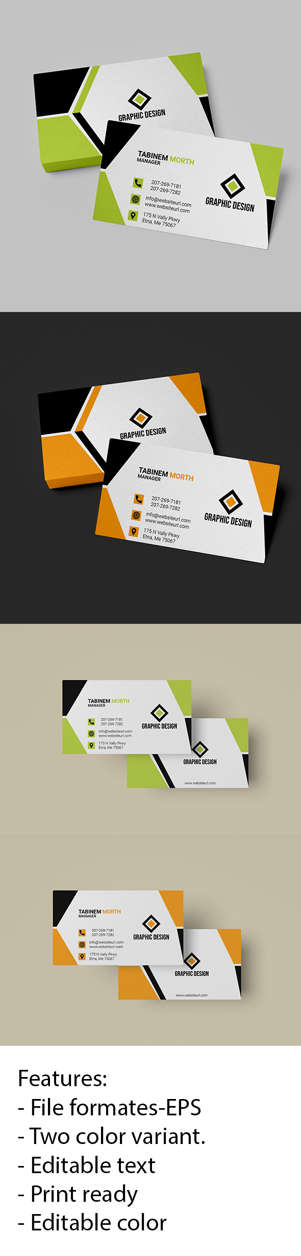 Set of three business cards with different colors.