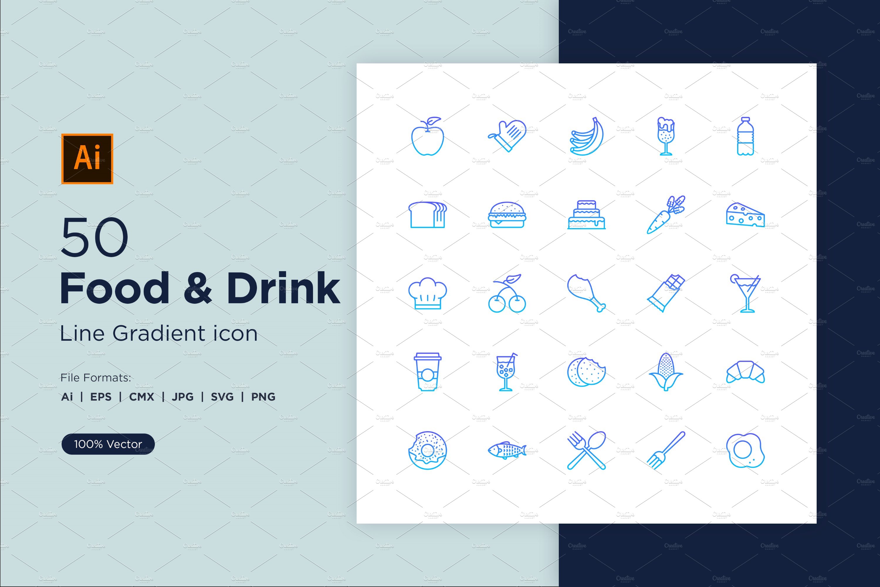 50 Food & Drinks Line Gradient icon cover image.