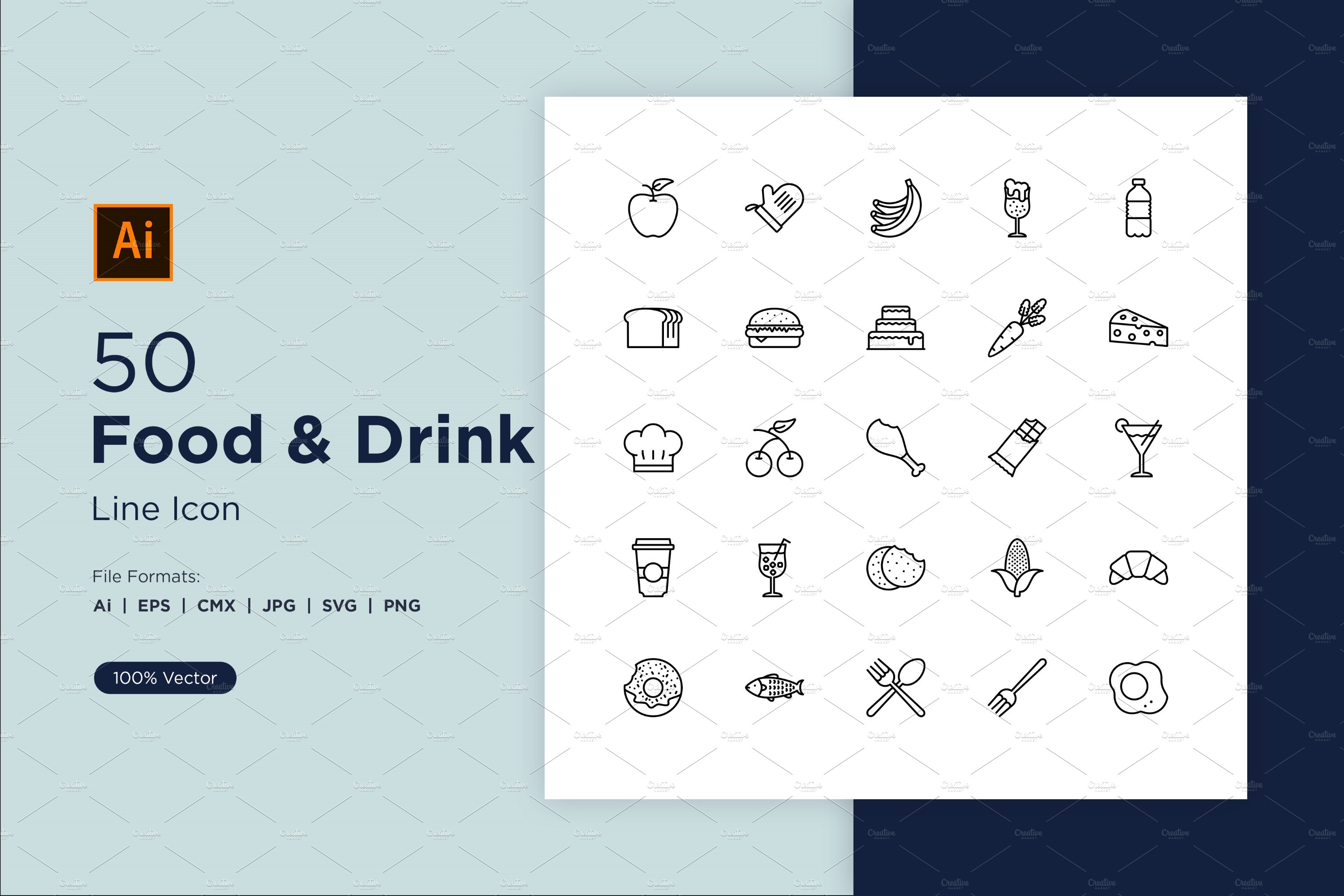 50 Food & Drinks Line icon Set cover image.