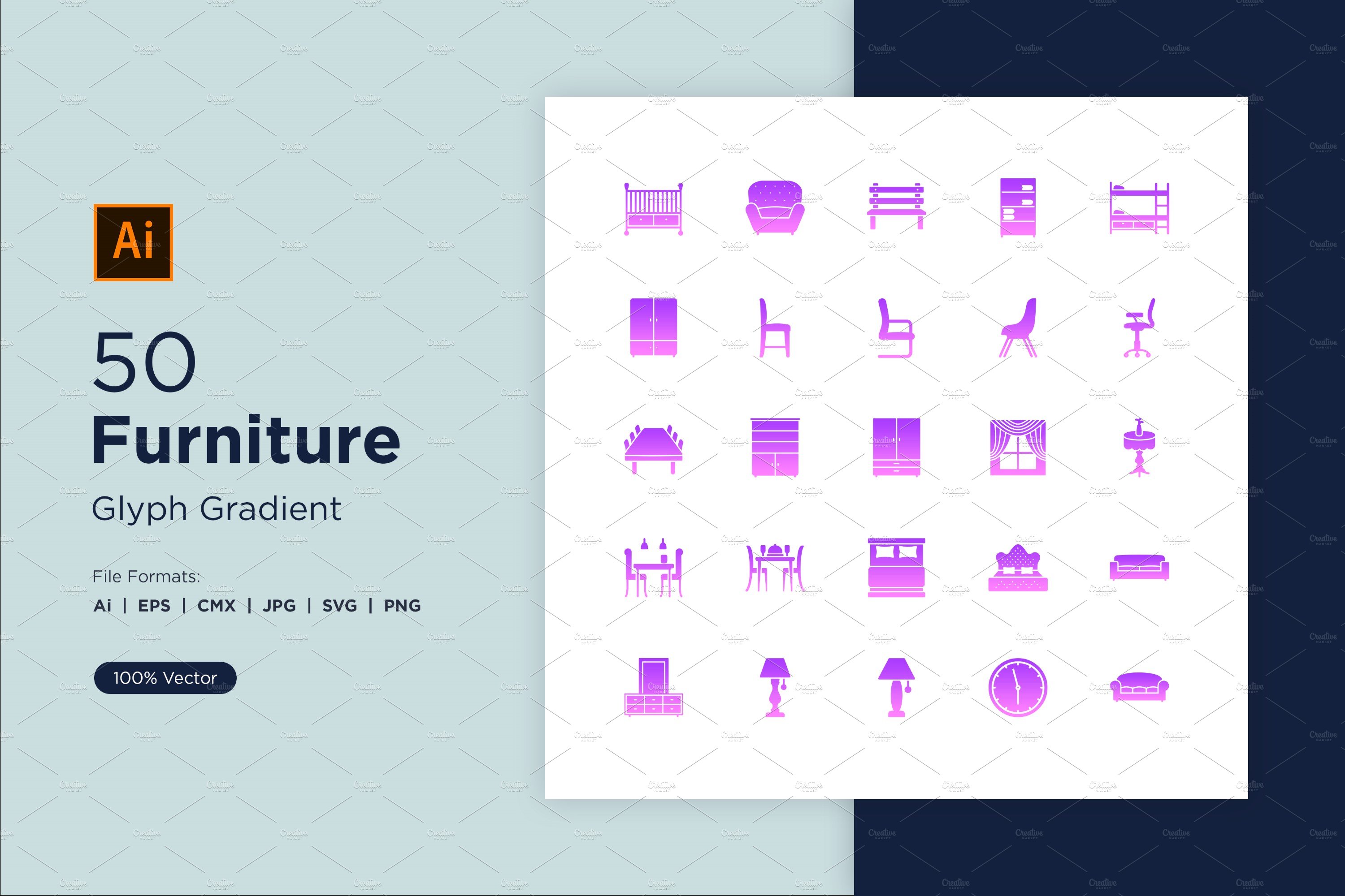 50 Furniture Glyph Gradient icon Set cover image.