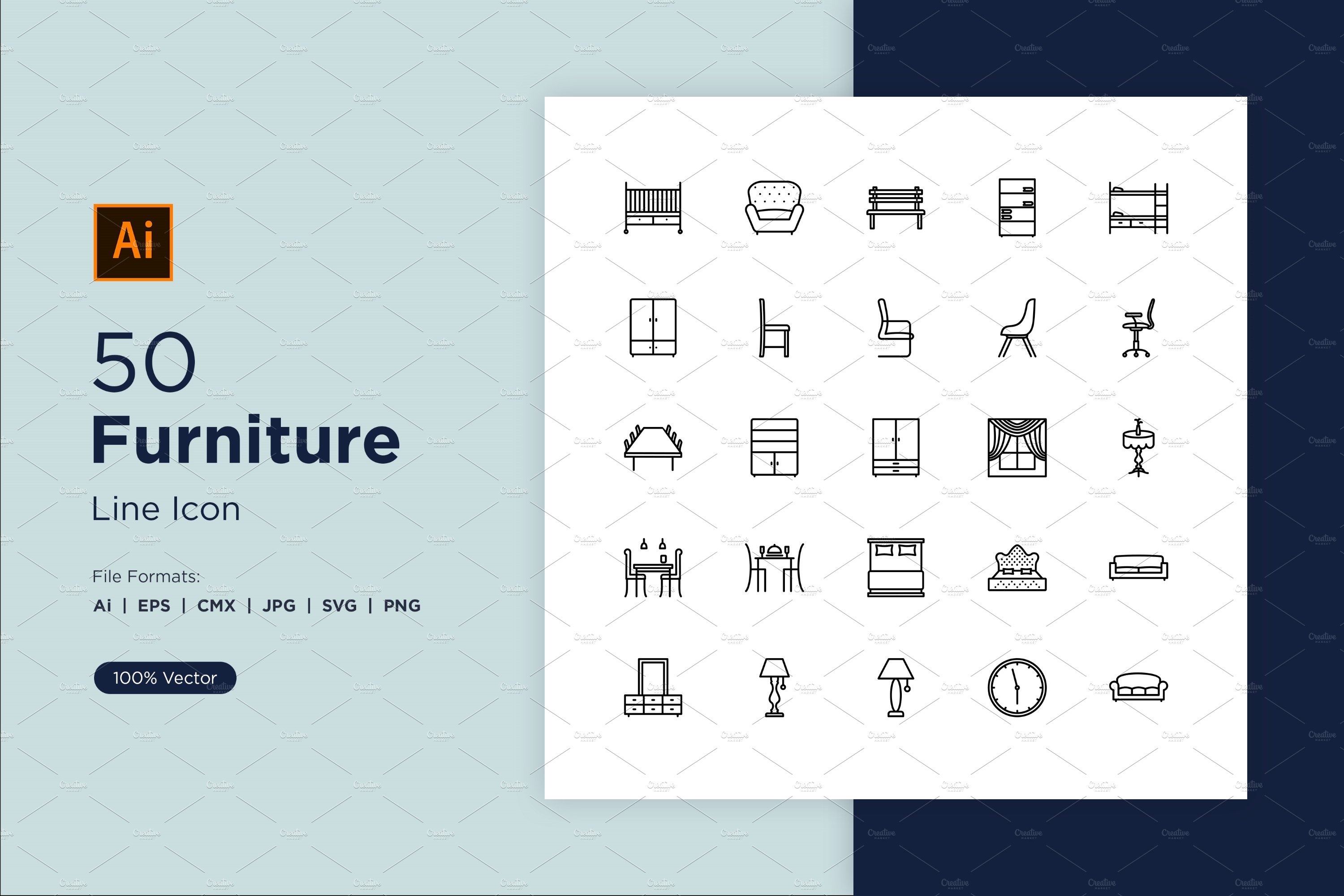 50 Furniture line icon Set cover image.