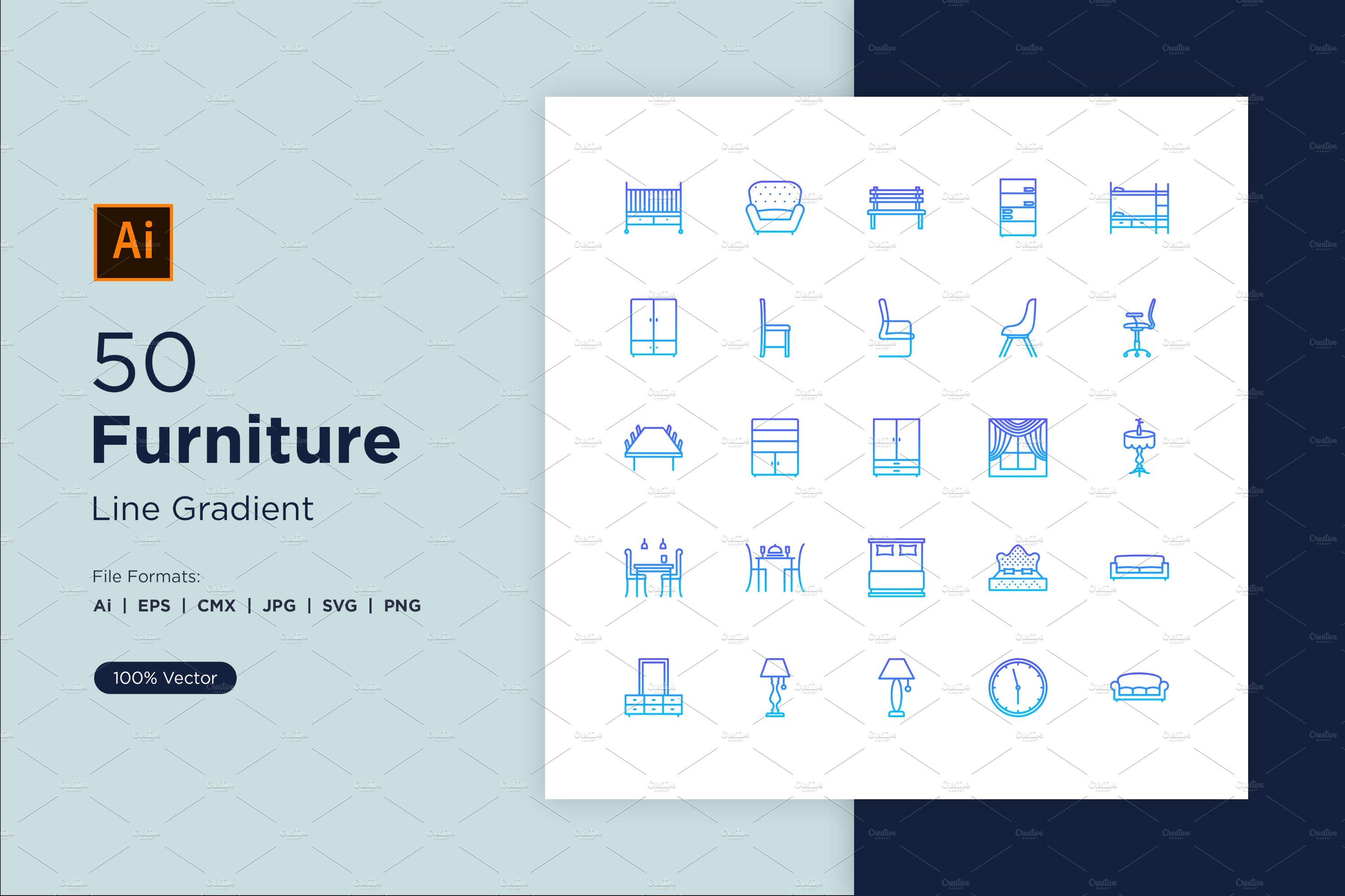 50 Furniture Line Gradient icon Set cover image.