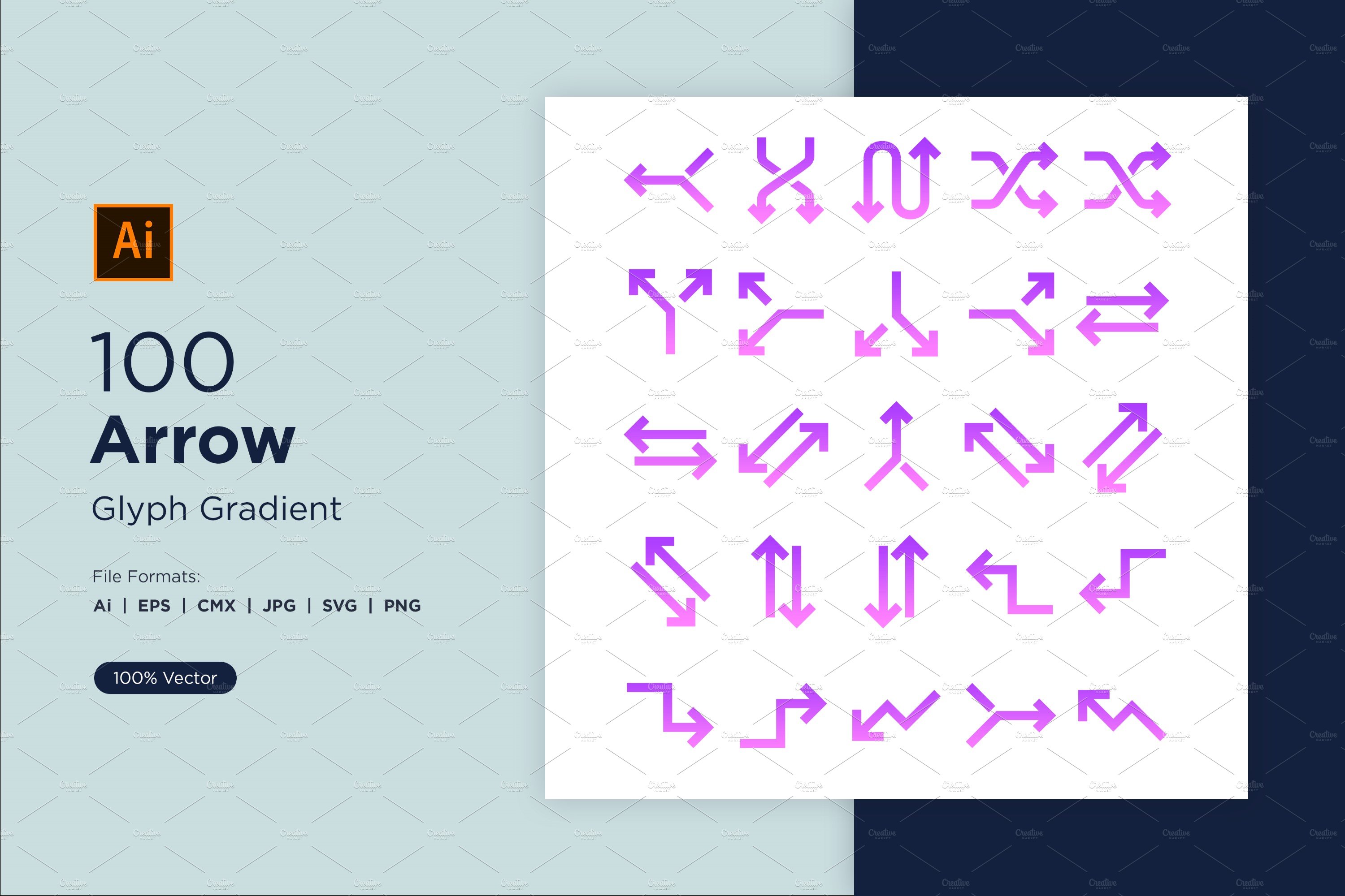 100 Arrow Glyph Gradient icon Set cover image.