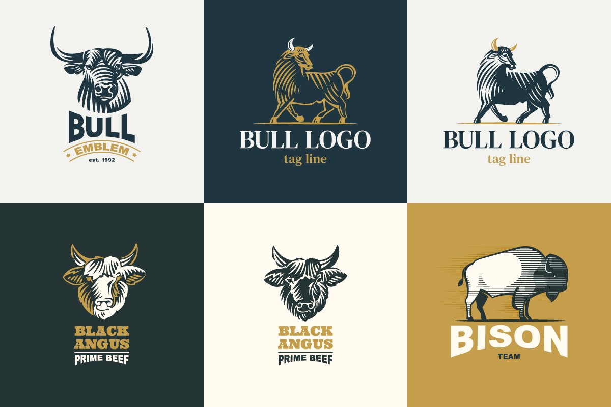 12 vintage bull logos set preview image.