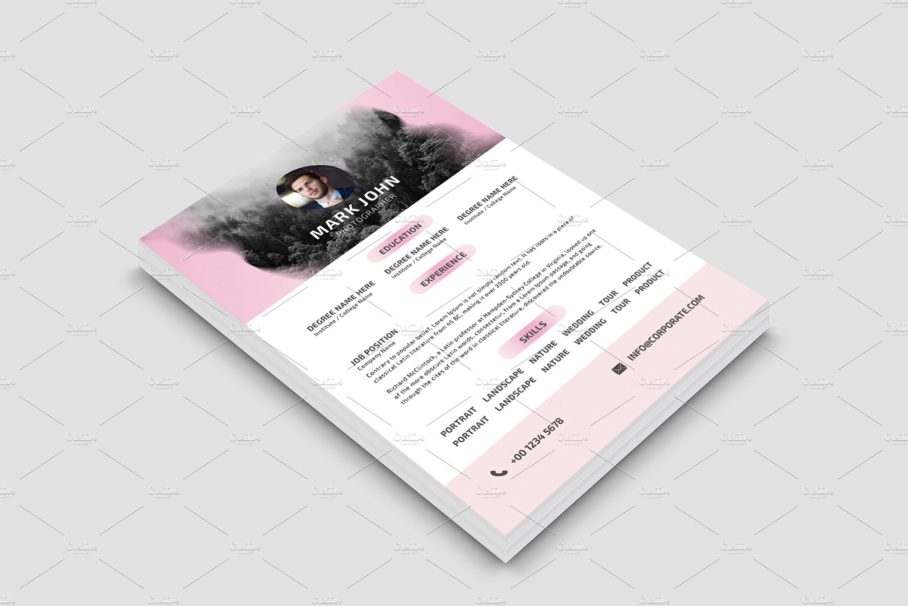 Pink and white resume template with a pink background.
