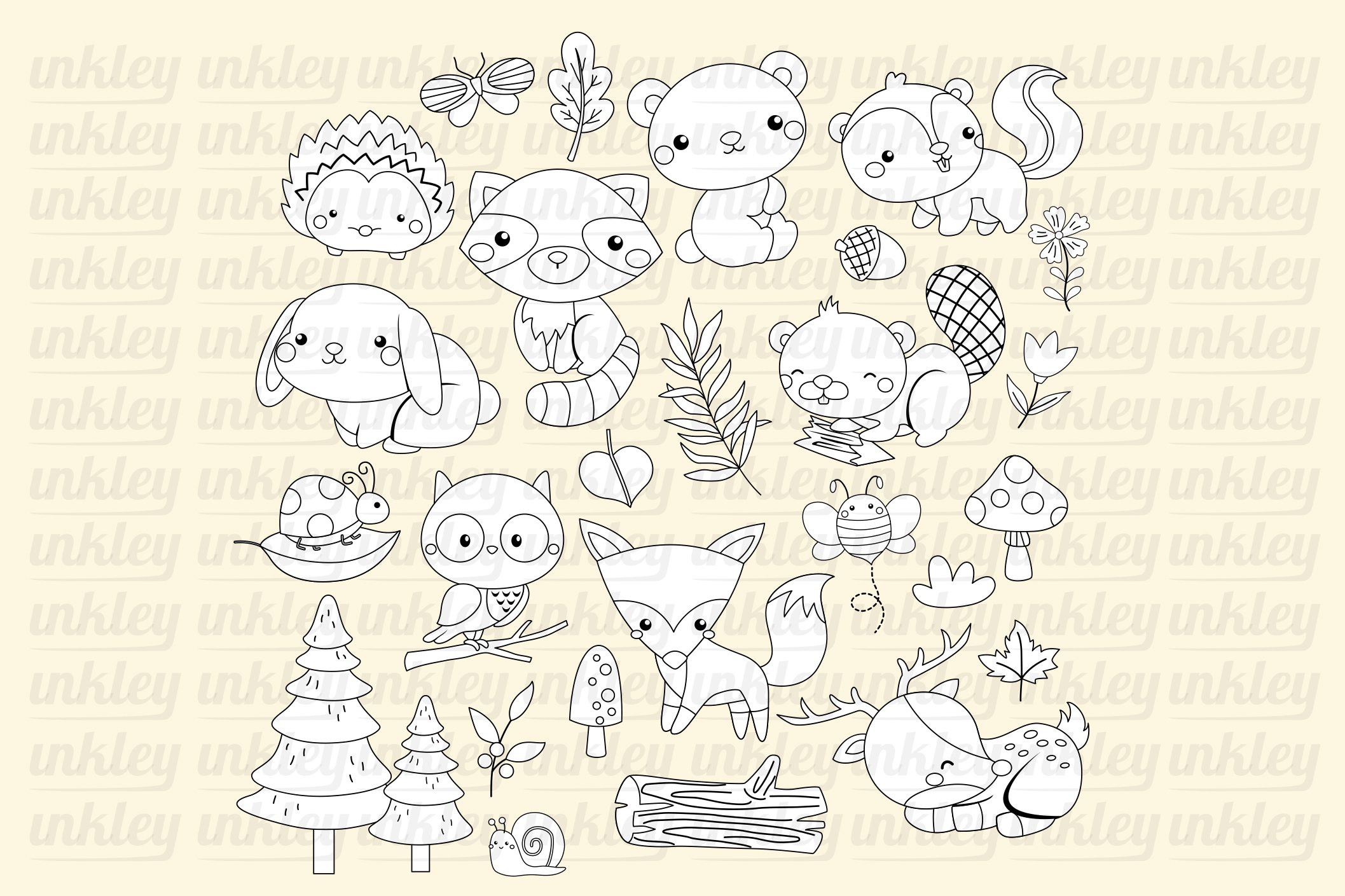 Woodland Animals Clipart Coloring preview image.