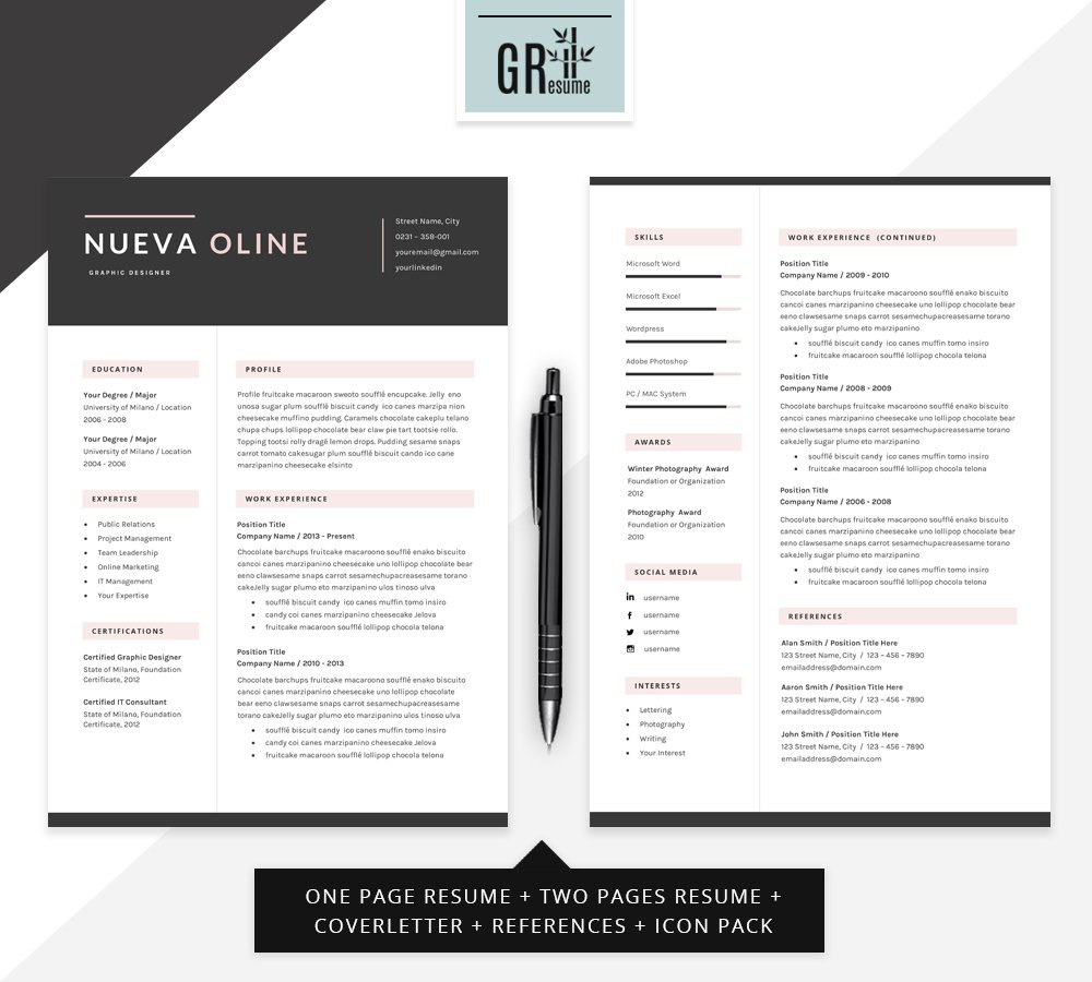 Professional resume template with a black and white background.