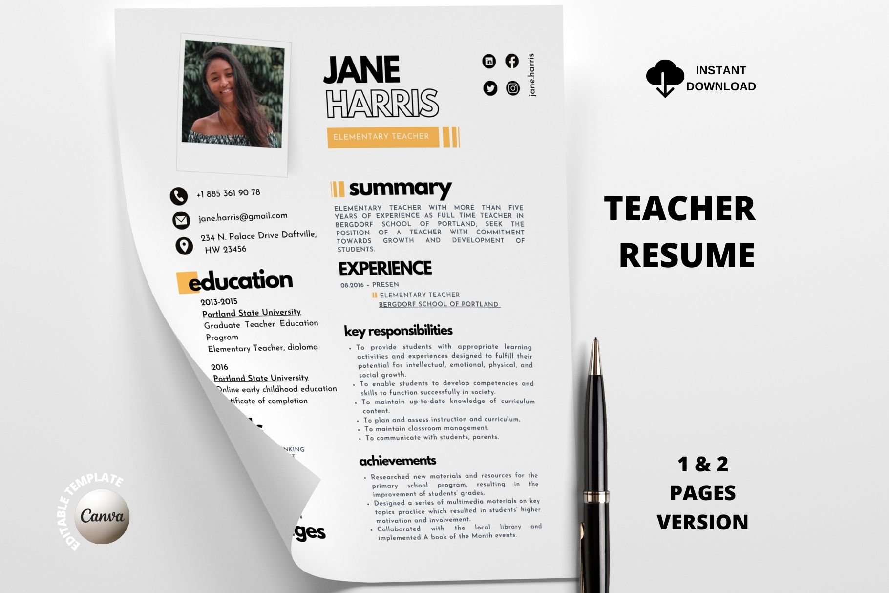 Elementary Teacher Resume Template preview image.
