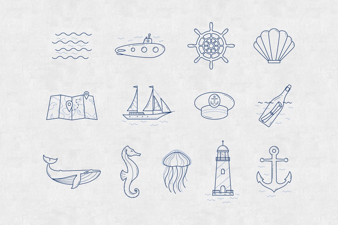 In the sea - vector linear icon set preview image.