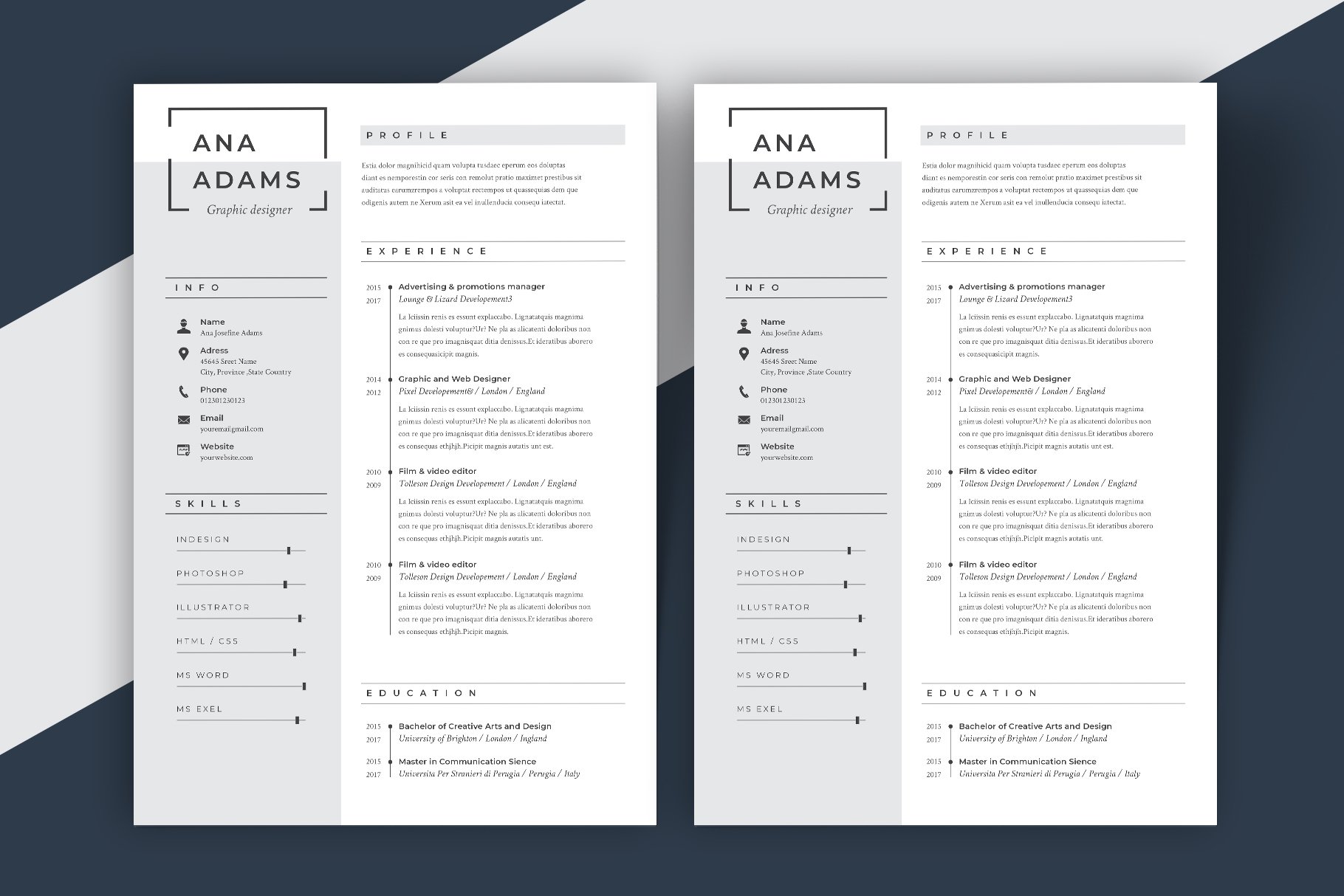 Two resume templates on a blue and white background.