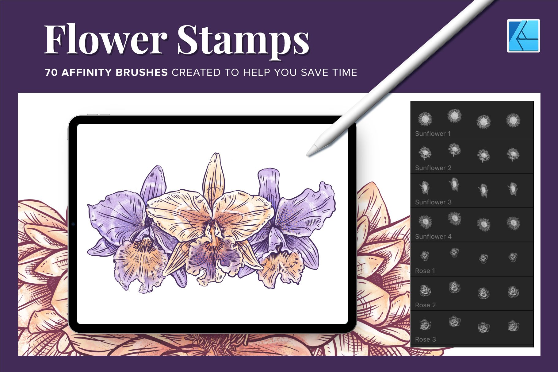70 Flower Stamp Affinity Brushes preview image.
