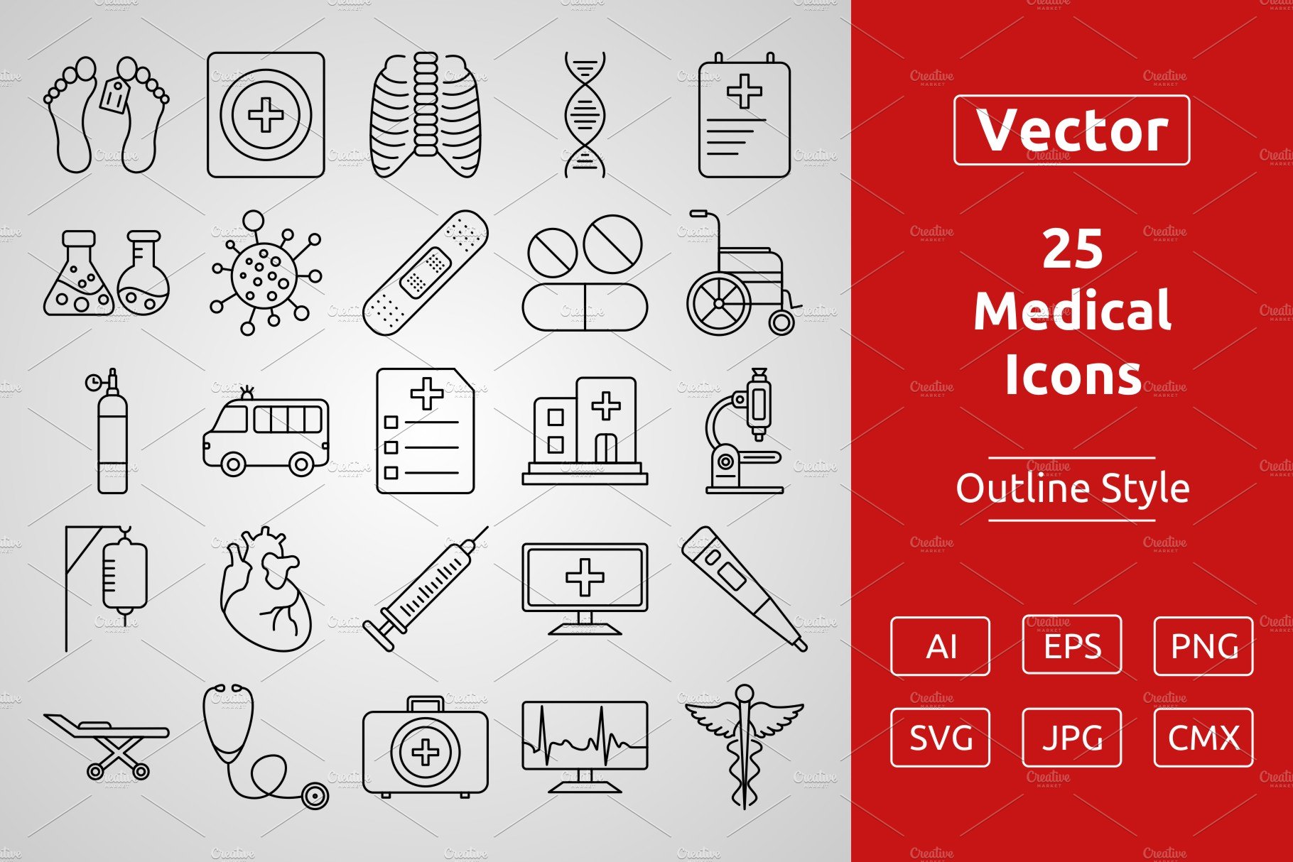 25 Medical Outline Icons cover image.